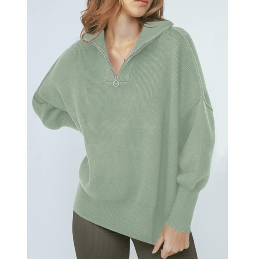 Women’s Long Sleeve Pullover Half Zip Up Sweater Green Grey Medium
